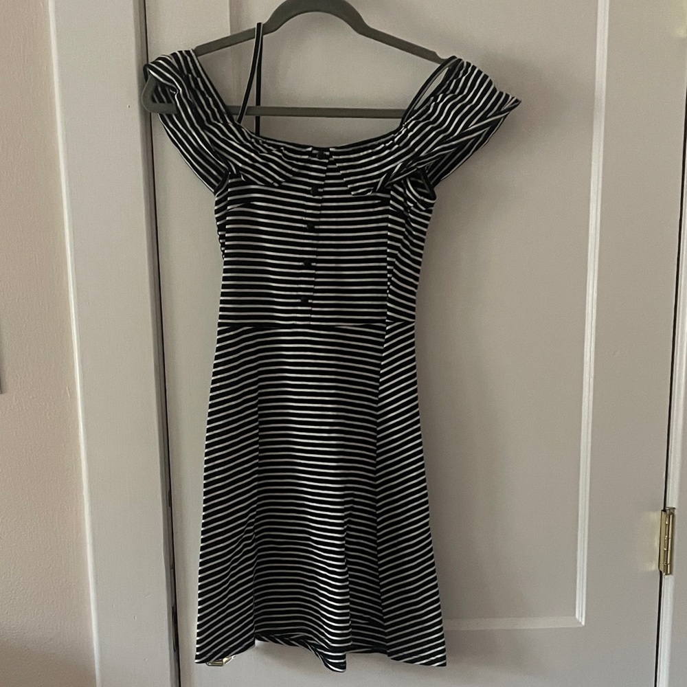 Topshop | Black and White Striped Off-Shoulder Dress